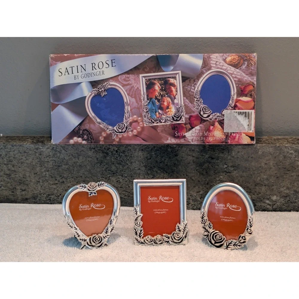 Godinger Mini Picture Frames Silver Plated Set of 3 Satin Rose 1994 Vintage 2x2